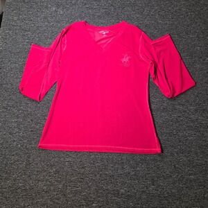 Beverly Hills Polo Club Long Sleeve Top Womens XL Pink V Neck Athletic Preppy